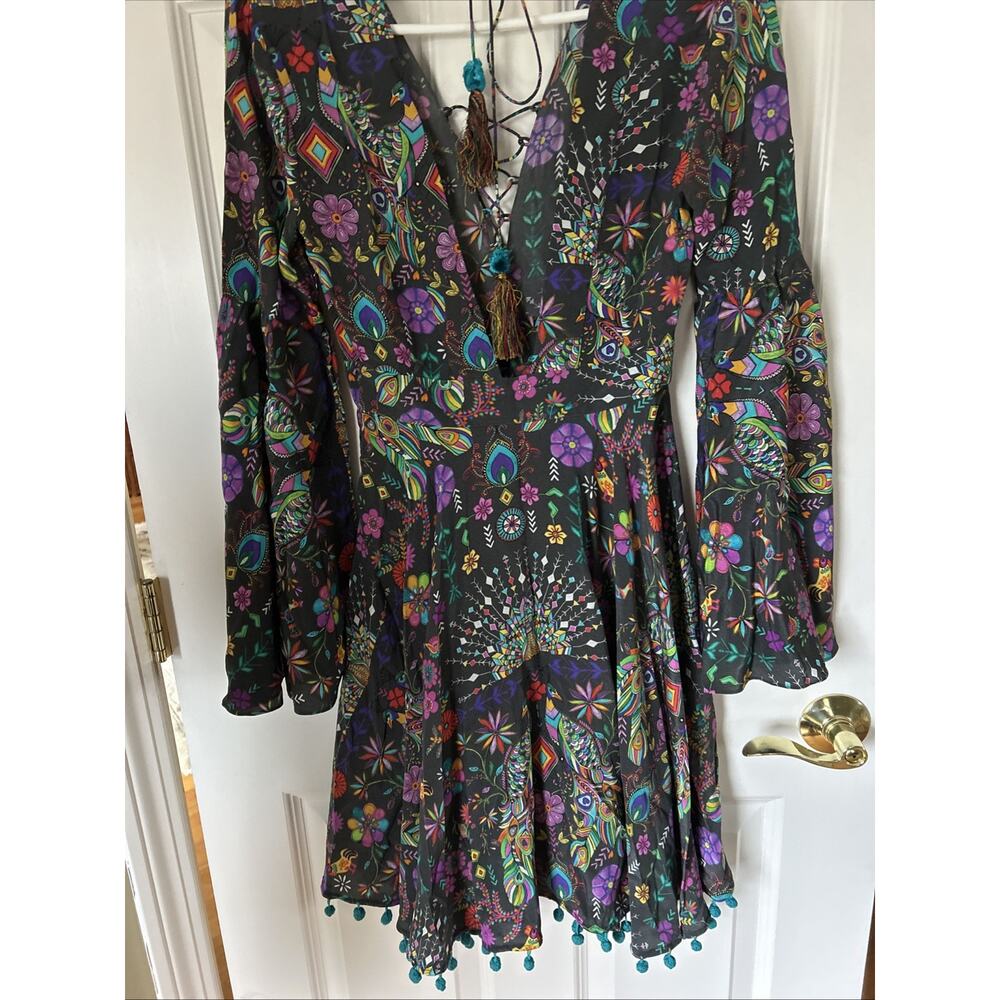 Matthew Williamson Silk Dress laceup with tassel hem bell long slv bright New 4 - Picture 9 of 16
